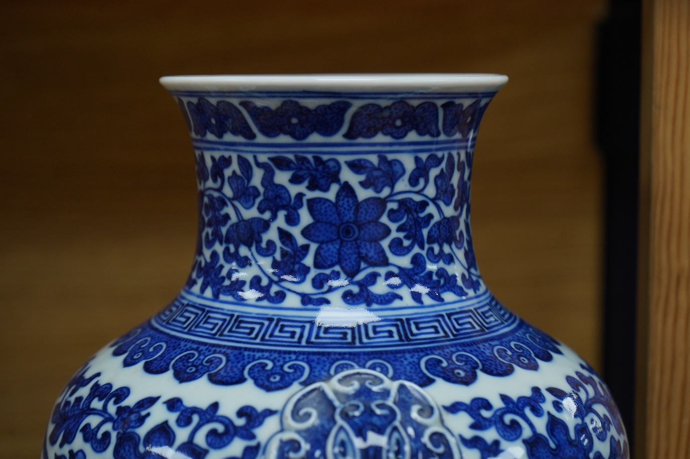 A Chinese blue and white 'peaches' vase, Qianlong mark but later, 27cm high. Condition - good